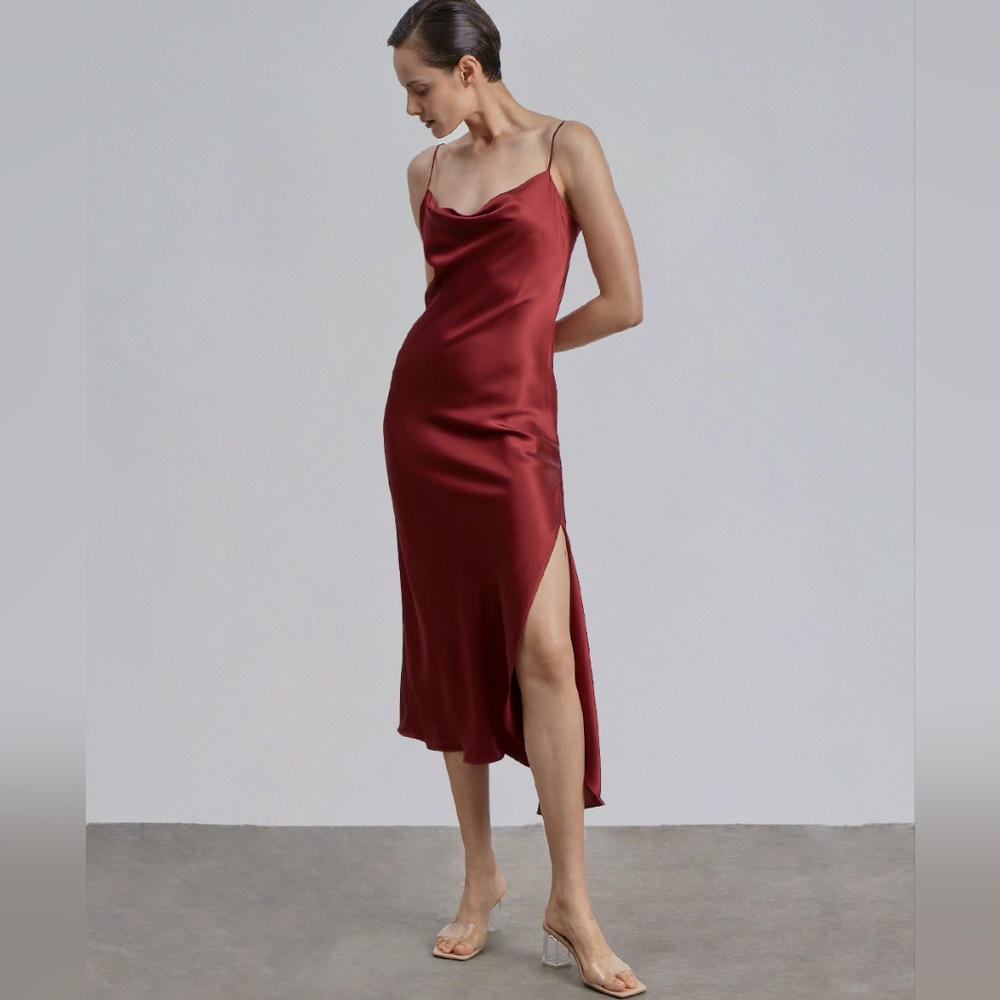 Red Desire Slit Bias Cut Silk Slip Dress (Burgundy) - Silk Maison